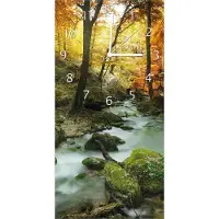 Wallario Design Wanduhr bedruckt, Größe 30 x 60 cm, Motiv: Wasserfall mit moosbedeckten Steinen im Herbstwald