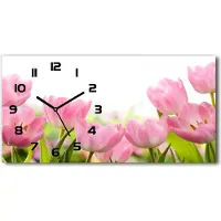 Tulup Wanduhr aus Glas – 60x30 cm - Glasbild - Glasuhr - Gehärtetes Glas - schwarze-zeiger - Rosafarbene Tulpen