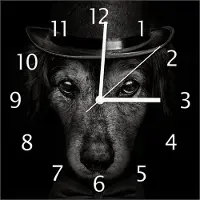 Wallario Design Wanduhr Eleganter Hund mit Zylinder in schwarz-weiß aus Echtglas, Größe 30 x 30 cm