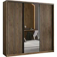 Masseno Schiebetürenschrank ORRA 180/205/60 cm Kleiderschrank mit Spiegel und Lamellen, 4 Schubladen Schlafzimmer Schrank 3-türig Eiche Lefkas + Schwarz