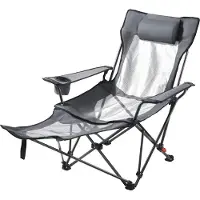 SucceBuy Faltbarer Campingstuhl mit 4 einstellbaren Positionen, Relaxsessel mit Getränkehalter, Netz-Strandstuhl mit Kopf- und Fußstütze, belastbar bis 100 kg, ideal für Outdoor-Aktivitäten, grau
