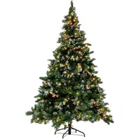 Beliani Weihnachtsbaum 210 cm Grün Kunststoff Metall mit Schnee bestreut inkl. LED Beleuchtung Metallständer mit Zapfen geschmückt Weihnachten