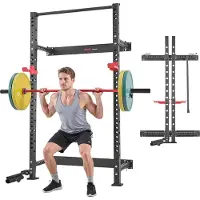 Vevor Power Cage Klappbar 454 kg Belastbar, Wandmontiertes Power Rack, Multifunktionales Krafttrainingsgerät mit Landminenbefestigung & verstellbaren J-Haken & Klimmzugstange für Heimfitnessstudio