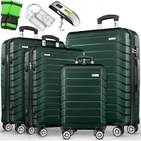 Tillvex Reisekoffer Set 4-TLG. + Gepäckwaage, 8X Koffergurte & 4X Kofferanhänger | Kofferset 4 Rollen | Trolley Gepäck Koffer TSA Schloss | Rollkoffer Hartschalenkofferset S-M-L-XL (Armeegrün)