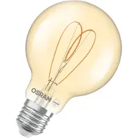 Osram Vintage 1906 Globe ist eine warmweiße, dimmbare LED-Lampe in klassischer Ballform mit Filament. Sie bietet 8 W für 806 lm, E27 Fassung, goldfarbenes Glas, 80 mm Durchmesser, 2200 K, EEK F.