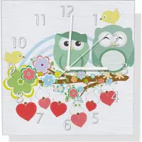 Wallario Design Wanduhr Bunte Eulen mit kleinen Vögeln auf dem Ast aus Aluverbund, Größe 30 x 30 cm