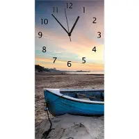 Wallario Design Wanduhr bedruckt, Größe 30 x 60 cm, Motiv: Fischerboot am Strand bei Sonnenuntergang