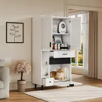 OKWISH Katzenschrank Aufbewahrungsschrank mit Schubladen und Katzenbettbereich,Wohnzimmerschrank,Schubladenschrankmit Teilungslagerung und verstellbaren Einlegeböden,Weiß