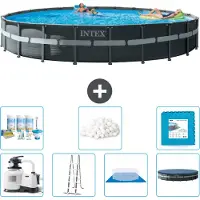 Intex Round Ultra XTR Frame Swimming Pool – 732 x 132 cm – inklusive Pumpe – Leiter – Bodenplane – Abdeckung Wartungspaket - Filterbälle - Bodenfliesen
