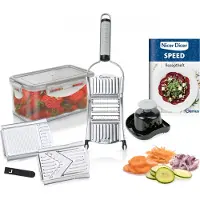Genius Nicer Dicer Speed Set 9-teilig Multihobel - Verstellbarer Handhobel mit 3 Einsätzen, Schneidguthalter & Auffangbehälter 550ml | Parmesanreibe, Juliennereibe und V-Hobel