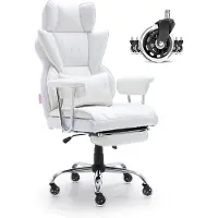 Sweiko Bürostuhl Kunstleder Weißer Chefsessel mit Fußstütze, Schreibtisch Drehsessel Höhenverstellbar 0–80 mm, 181,43 kg Tragfähigkeit, Chefsessel Bürostuhl 860 x 610 mm Rückenlehne Drehsessel