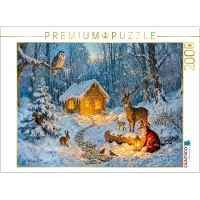 CALVENDO Puzzle Winter‑Cottage im Wald mit Eule, Hase, Hirsch, Fuchs | 2000 Teile Lege-Größe 90 × 67 cm Foto-Puzzle für glückliche Stunden
