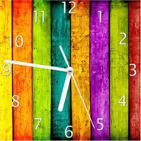 Wallario Design Wanduhr Buntes Holz - bunte Streifen mit Farbe und Holzstruktur aus Echtglas, Größe 20 x 20 cm