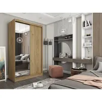 Masseno Schiebetürenschrank PATRIZIA 150 cm Kleiderschrank Schlafzimmer Schrank 2-türig mit Spiegel Eiche Artisan
