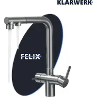 KLARWERK Felix | ausziehbare 3-Wege Armatur Edelstahl Titangrau Metall | Filter Trinkwasser Wasserhahn Küche | Mischbatterie L-Auslauf 3 Anschlüsse