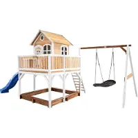 Axi Spielhaus Liam mit Sandkasten, Nestschaukel & blauer Rutsche | Stelzenhaus XXL in Braun & Weiß aus Holz für Kinder | Spielturm mit Wellenrutsche & Schaukel für den Garten