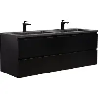 Badplaats Badmöbel Set mit Waschbecken und Unterschrank Angela 140 x 48 cm Schwarz Matt - Waschbeckenunterschrank mit Soft-Close und Schwarze Doppelwaschbecken