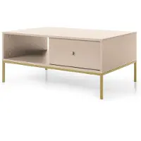 Bettso Couchtisch MOLLY Beige mit goldenem Metallgestell, 2 Schubladen, 104x68x46 cm