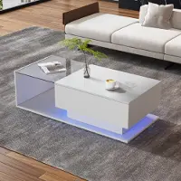OKWISH Couchtisch Rechteckig, LED-Hochglanz Beistelltisch für Schlafzimmer, Wohnzimmertische mit Stauraum fürs Wohnzimmer, Beistelltisch mit Glasplatte und Schubladen, Weiß