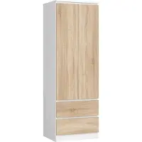 Akord Kleiderschrank S60 Weiß 60 cm 2 Türen 2 Schubladen Regal Front Sonoma-Eiche B60 x H180 x T51 cm