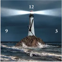 ARTland Wanduhr auf Alu Funkuhr - schwarzer Zeiger Bild von Leuchtturm mit Lichtstrahl Größe: 30x30 cm