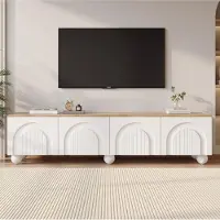 Ropilly TV-Lowboard für 80-Zoll-Fernseher, 180x40x45cm, MDF in Weiß und Holzoptik, mit 4 Druckknopf-Türen und Stauraum für das Wohnzimmer