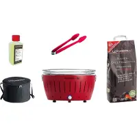 LotusGrill XL Starter-Set Feuerrot – Holzkohle-Tischgrill mit USB-Lüfter, Zange, Brennpaste, Holzkohle 2,5 kg, Tragetasche