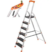 Songmics Leiter mit 6 Stufen, Aluleiter, mit Handlauf, Werkzeugschale