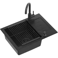 Quadron Spülbecken Granit Spüle Küche | Größe 60 x 44 x 18,5 cm, Farbe: Pure Carbon | JOHNNY 116 Granitspüle Einbauspüle | Set: Spender, Küchenarmatur, Qmata Pure Carbon