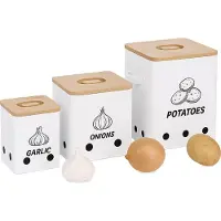 Relaxdays Kartoffel Aufbewahrungsbox, Zwiebeln, Knoblauch, 3er Set, mit Löchern, Metall, Bambusdeckel, eckig, weiß/natur