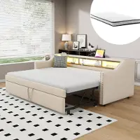 ALFORIGO Schlafsofa 90/180 x 190 cm, ausziehbares Polsterbett mit 3 Ablagefächern, LED, USB-Anschluss und Lattenrost, Beige