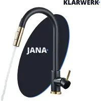 KLARWERK JANA | Premium Edelstahl ausziehbare Küchenarmatur Gold Schwarz | Mischbatterie hoher Bogen Hochdruck 360° drehbar 2 Anschlüsseen | Wasserhahn Gastro
