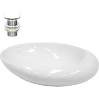 LuxeBath Waschbecken Aufsatzwaschbecken Oval, 58,5x37,5x14,5 cm, Weiß, aus Keramik, inkl. Ablaufgarnitur ohne Überlauf