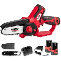 Walter - Kompakte Einhand Kettensäge mit 2x 12V Li-Ion Akku, Ladegerät und Zubehör. Leichte Mini Kettensäge, Entaster für Gartenarbeit, Schwertlänge 158 mm, leistungsstarker Motor