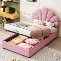 ALFORIGO Polsterbett 90 x 200 cm mit Samtbezug, hydraulisch – Kinderbett mit verstellbarem Blumenkopfteil und 28-cm-Stauraum, Stauraumbett in Rosa