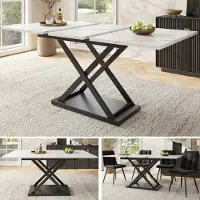 Sweiko Esstisch Teleskoptisch(120-160×80cm) ,Ausziehbarer Esstisch ,platzsparender Küchentisch,Schwarz gekreuzte Eisenbeine,für Küche und Wohnzimmer,Weißer marmorierter Esstisch