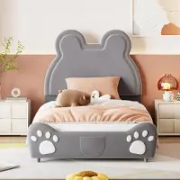 ALFORIGO Polsterbett 90 x 200 cm Kinderbett in Bärenform, gepolstertes Einzelbett mit 12 Lamellen, Liegefläche für Kinder