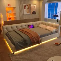 Sweiko Schlafsofa, Daybett, Tagesbett, 90x200cm, Schlafsofa mit Lattenrost (ohne Matratze), Ambientebeleuchtung mit Fernbedienung, Kopfteil mit Knopftuft, Usb+Typ-c, Leinen, Beige
