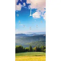 Wallario Design Wanduhr Berglandschaft im Gebirge unter blauem Himmel aus Echtglas, Größe 30 x 60 cm