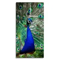 Wallario Design Wanduhr Farbenprächtiger Pfau aus Echtglas, Größe 30 x 60 cm