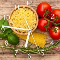 Wallario Design Wanduhr Spaghetti mit Tomaten, Knoblauch und Basilikum aus Echtglas, Größe 20 x 20 cm