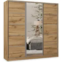 Masseno Schiebetürenschrank PINA 180/205/58 cm Kleiderschrank mit 4 Schubladen Schlafzimmer Schrank 3-türig mit Spiegel Eiche Wotan