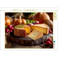 CALVENDO Puzzle Gouda Käse auf rustikalem Holzbrett mit Gemüse | 1000 Teile Lege-Größe 64 × 48 cm Foto-Puzzle für glückliche Stunden