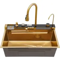 StarTech.com Multifunktion Küchenspüle - Wasserfall Spülbecken 75x46 cm - Edelstahl - Einbecken - Mit Armatur - 4-Loch - Platzsparend - Gold