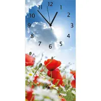 Wallario Design Wanduhr bedruckt, Größe 30 x 60 cm, Motiv: Mohnblumen unter blauem Himmel