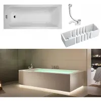 VBChome Badewanne 150 x 70 cm Weiß Acryl Platz für LED-Beleuchtung Styroporträger Wannenträger Siphon Wanne Rechteck Modern Ablaufgarnitur in Chrom