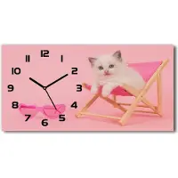 Tulup Wanduhr aus Glas – 60x30 cm - Glasbild - Glasuhr - Gehärtetes Glas - schwarze-zeiger - Katze auf einem Liegestuhl