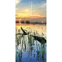 Wallario Design Wanduhr bedruckt, Größe 30 x 60 cm, Motiv: Schilf am Abend - Sonnenuntergang über der Seelandschaft