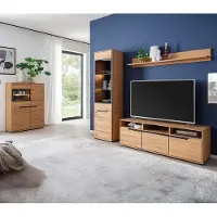 Lomadox Wohnmöbel Set in Eiche teilmassiv mit Vitrine, Highboard & LED-Beleuchtung, 4-teilig - AVESTA-06