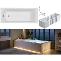 VBChome Badewanne 150 x 70 cm Weiß Acryl Wannenträger Platz für LED-Beleuchtung Styroporträger Siphon Wanne Rechteck Modern Ablaufgarnitur in Chrom